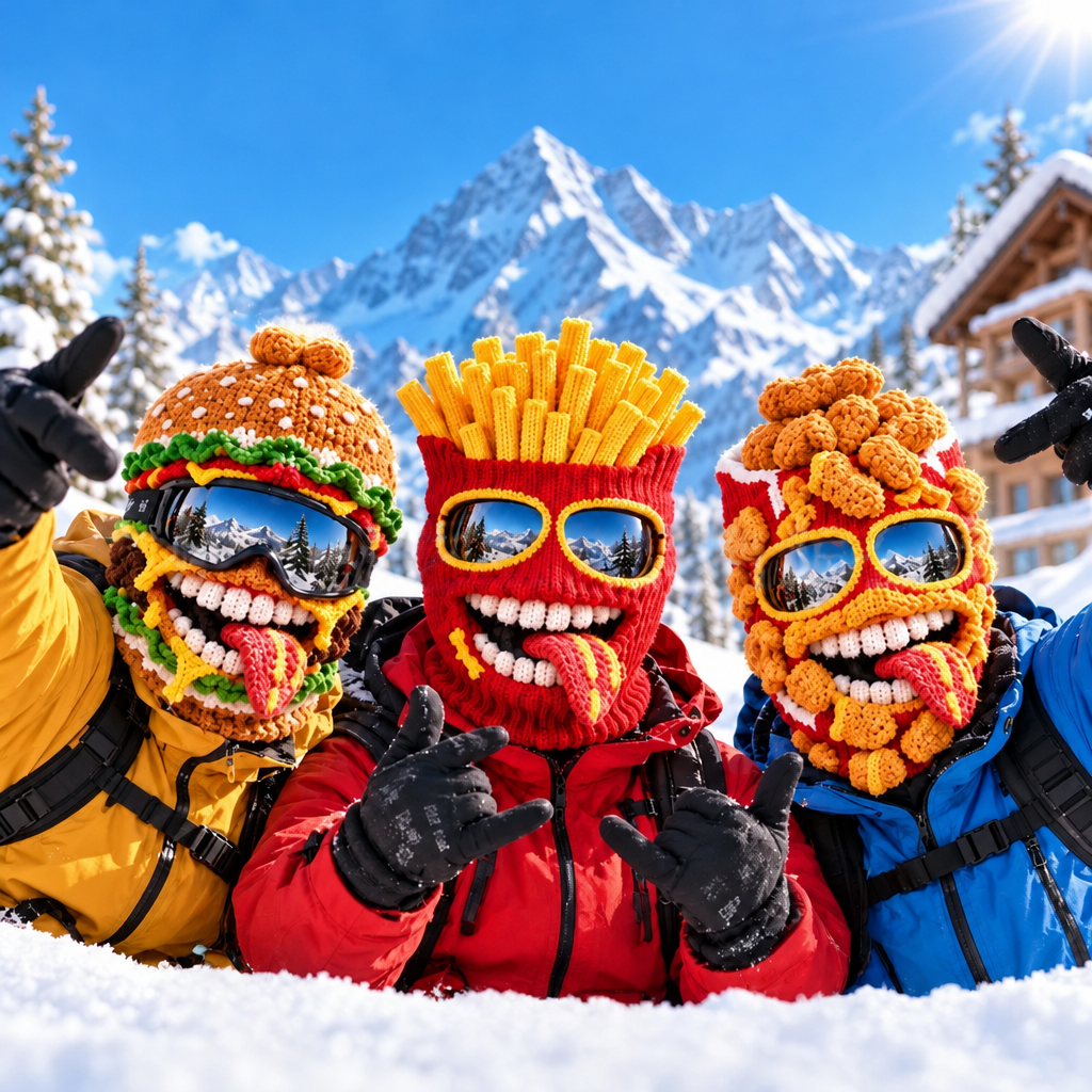 Kominiarki narciarskie burger, frytki i kurczak popcorn na stoku