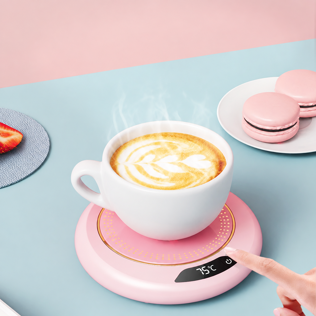 Różowy podgrzewacz z filiżanką latte